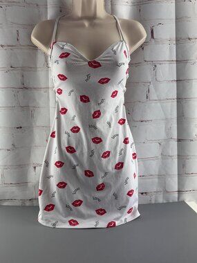 Faris Silky White / Red Lips Kisses Strappy Back Slip Mini Dress Small